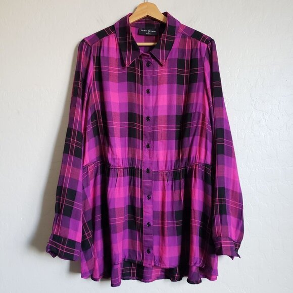 Lane Bryant Plaid Classic Button Front Elastic Waist Tunic Pink/Black Women's 16 - Picture 1 of 12